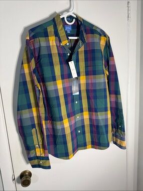 J. Crew Coolmax Multicolor Plaid Button Up Green, Yellow & Navy NWT Men’s Large